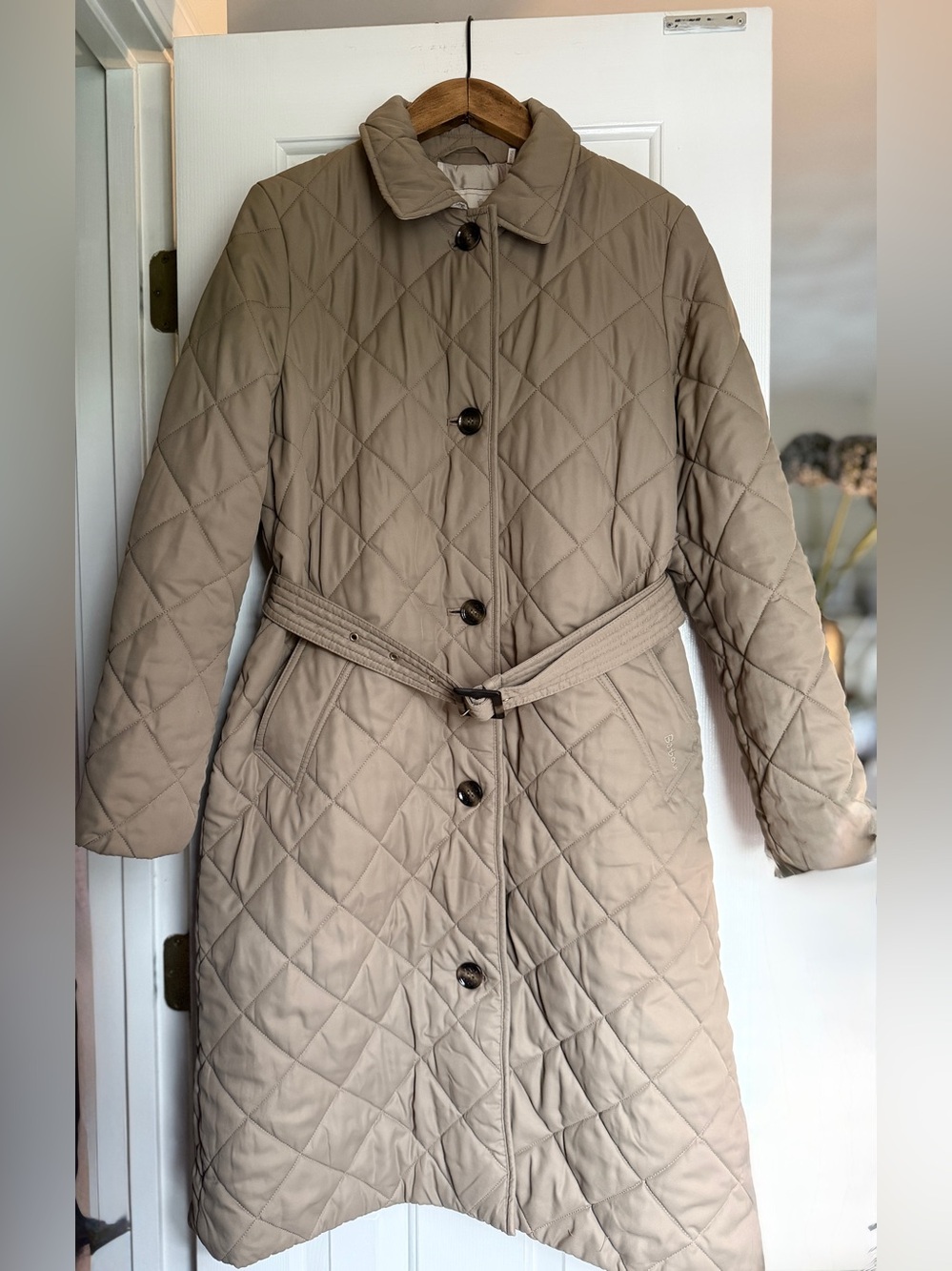 Barbour Cordelia Quilted Beige Belted Puffer Coat. Sz 12